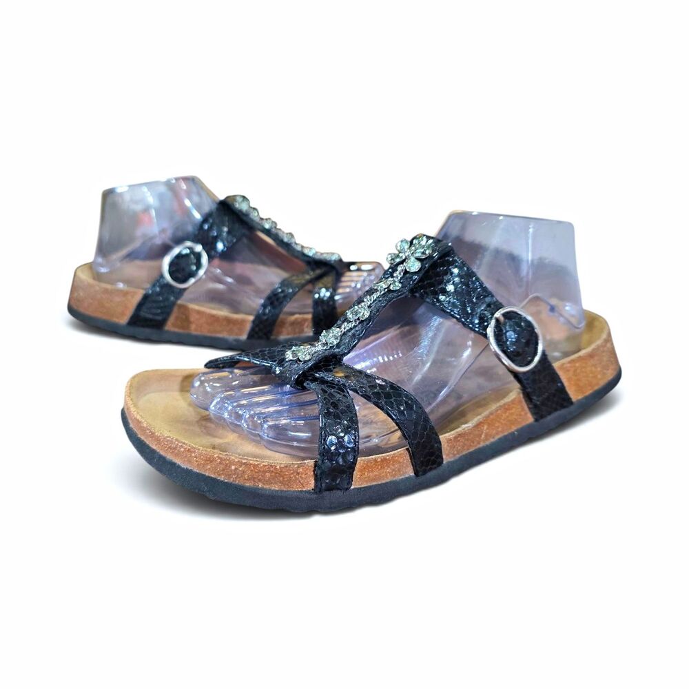 Betula by Birkenstock Tango Sandals Black Snakeskin Rhinestone Floral Size 40